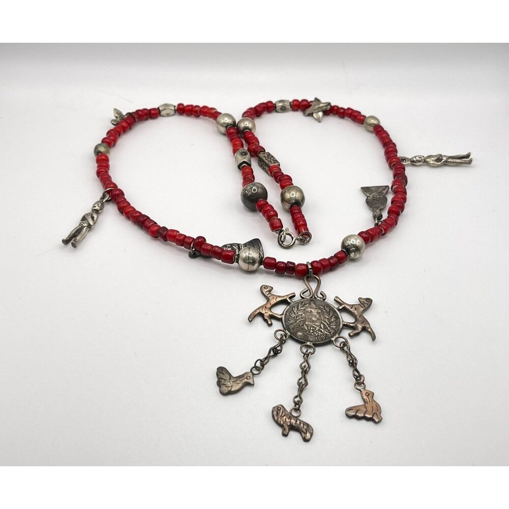 Vtg Colonial Red Glass Beads & Coin 1898 Pendant Necklace Made In Guatemala